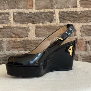 Stuart Weitzman Black Patent Leather Peep Toe Platform Wedge Slingbacks